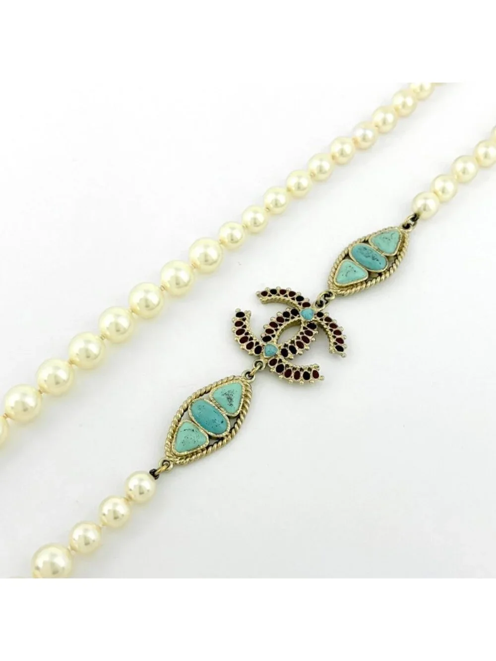 Chanel CC Logo Faux Pearl Necklace Long White Light Blue